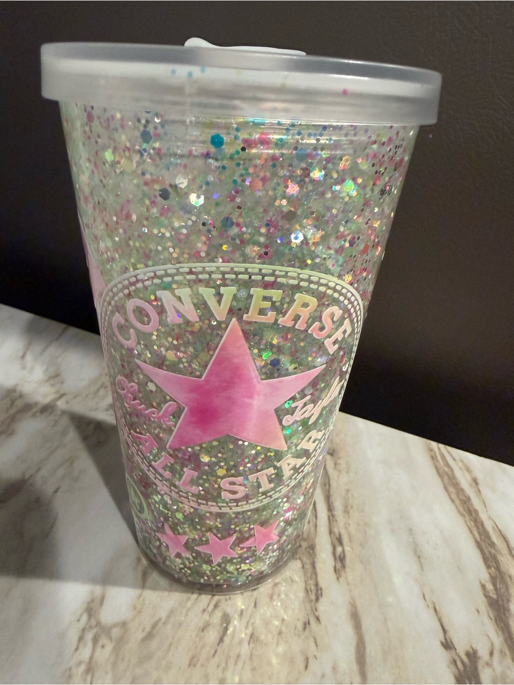 Converse Pink Star Glitter Travel Tumbler with Holographic Glitter
